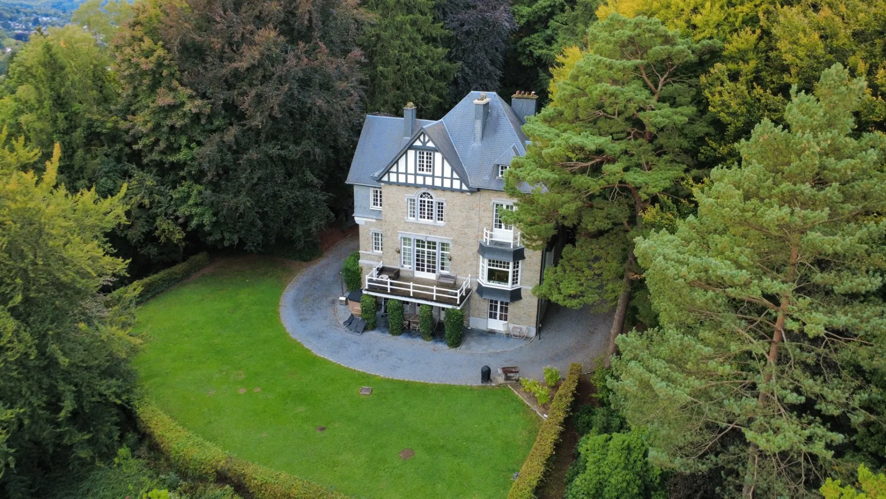 Aerial view of Le Soyeureux private estate, minutes from the town of Spa